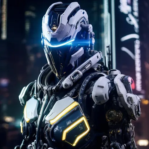 Prompt: dreamlikeart, 3d render of futuristic military cyborg, cyberpunk, warframe, stealth, armored, neon lights, character design, hard surface, smooth, detailed face, highly detailed, intricate details, symmetrical, volumetric lighting, ambient light, real-time, vfx, digital 3d, uhd, hdr