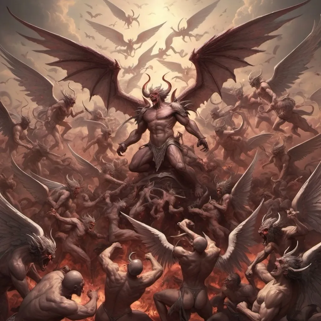 Prompt: An army of winged  demons fight with huge angels
