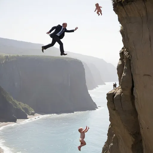 Prompt: baby being thrown off a cliff by a middle aged man
