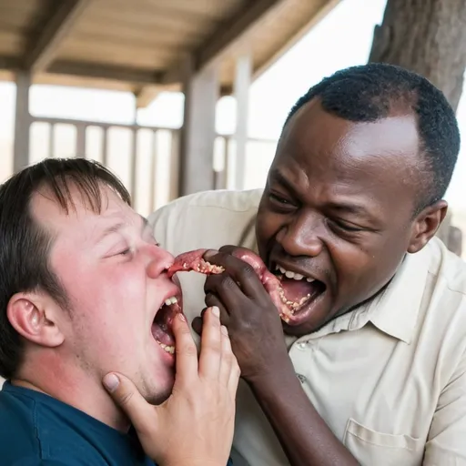 Prompt: man biting into a orphan down syndrome
