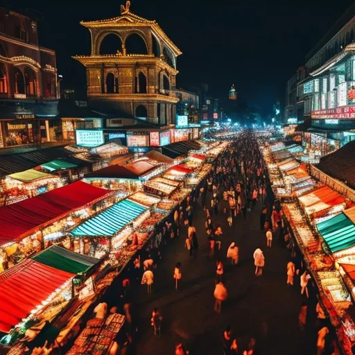 Prompt: night market, street market, nighttime, night life, lively, victorian, city, town square, vibrant