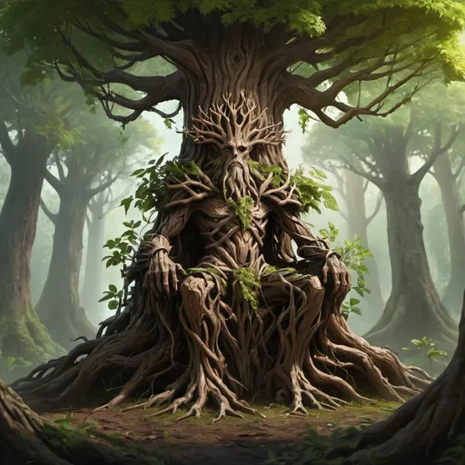 Prompt: a treant sitting on a throne of roots, elder tree, elderberry, artwork, concept art