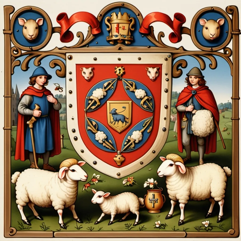 Prompt: A medieval coat of arms with sheeps and mice as well as sheep family and mouses