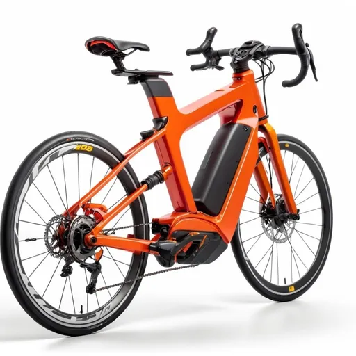 Prompt: An electric road competition bike in red-orange color in a white background