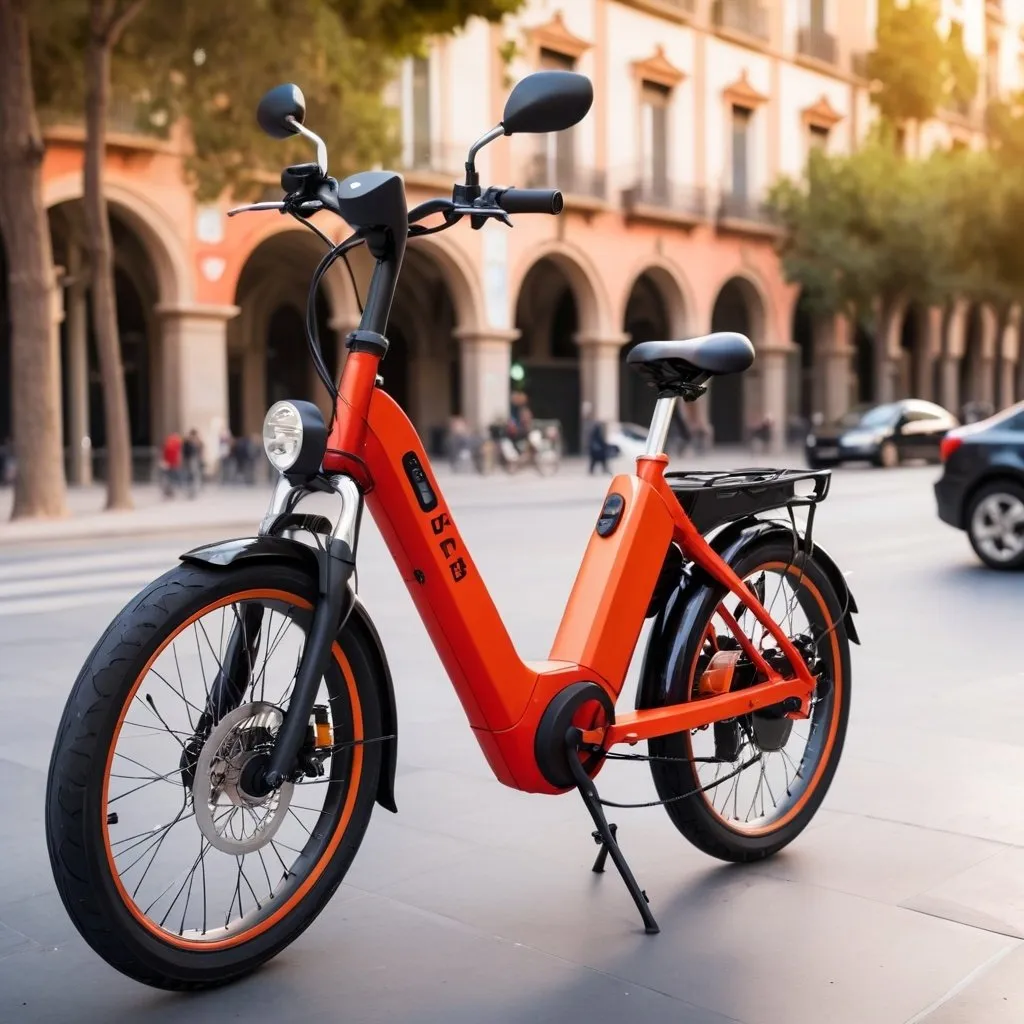 Prompt: An electric bike for the city in red-orange color by Seat M�. Barcelona background