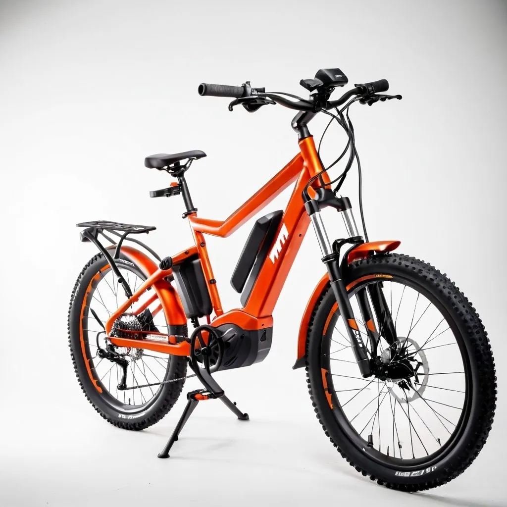 Prompt: An electric mountain bike in red-orange color by Seat M�. White background