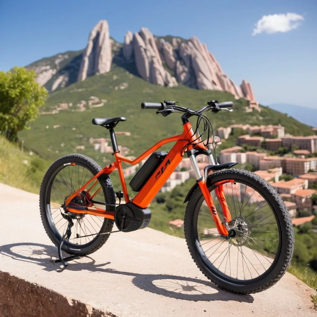 Prompt: An electric mountain bike in red-orange color by Seat M�. Montserrat background