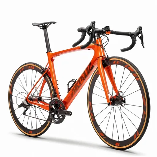 Prompt: Road competition bike in red-orange color in a white background