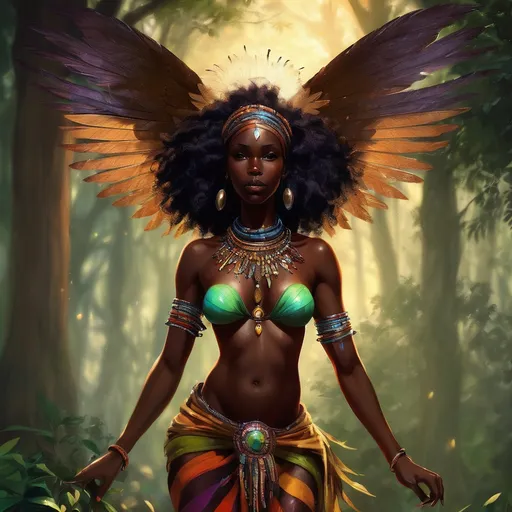 Prompt: i would like a Beautiful african fairy  with big beautiful wings who is a african or gulah geechee tribe. she lives inside of trees and the ravens are her friends and messengers . she is skilled in creating magical potions and powders that help the human race evolve. She is the divine mother and her beauty is intoxicatingShe is the divine mother and her beauty is intoxicating. she is making a potion with a small cat in a beaker with other herbs and it is as small as my fingerprint. 