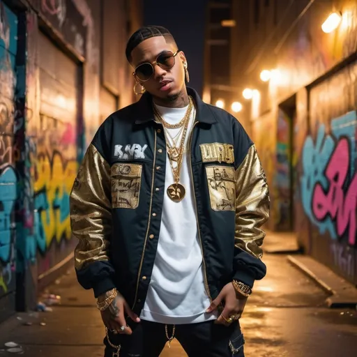 Prompt: (rapper) wearing a stylish oversized jacket, gold chains glistening, capturing a confident expression, urban street backdrop, graffiti-covered walls, dimly lit with cool tones and vibrant lights creating a lively atmosphere, dynamic pose with hands in pockets, HD, ultra-detailed, empowering vibe, showcasing creativity and self-expression in the music scene.