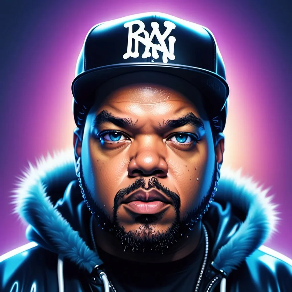 Prompt: rap artist Ice Cube. Digital illustration, detailed fur with reflections, podcast studio setting, futuristic neon lights, high quality, digital art, cool tones, detailed eyes, stylish design, atmospheric lighting.