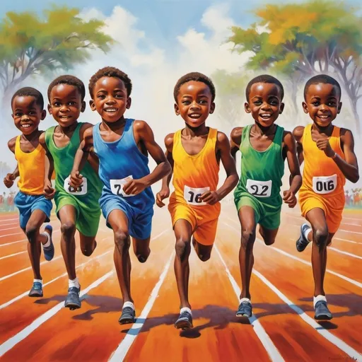 Prompt: create a vivid and vibrant picture of six african young boys competing in a hundred metre race. 