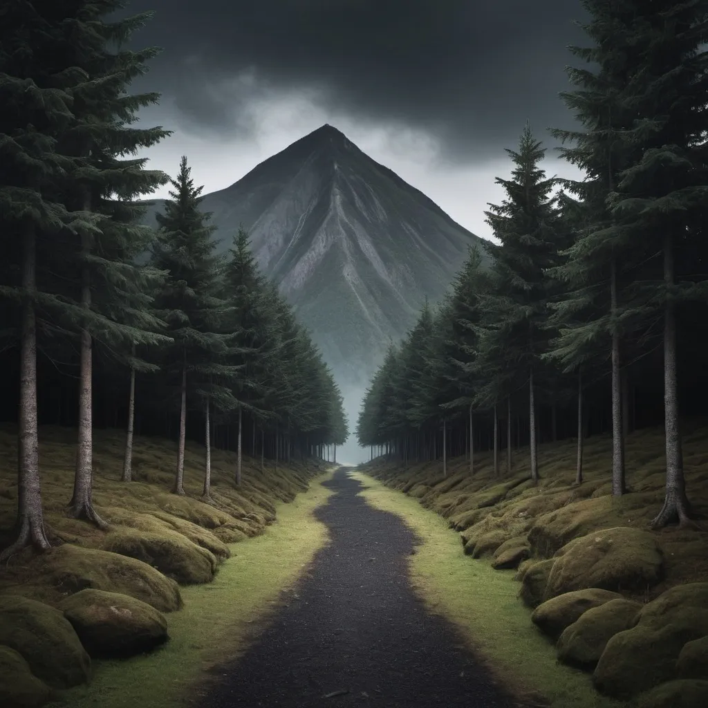 Prompt: make a dark path with trees on both sides with a hugh mountain in the middle
