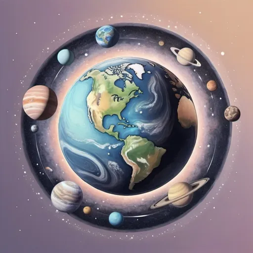 Prompt: Earth in centre with galaxy around with planets, moon and stars in a rendered sketch with pastel colours