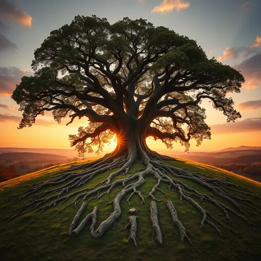 Prompt: A giant oak tree on a green hill at sunset.  The roots of the tree spell "Will" in the hillside