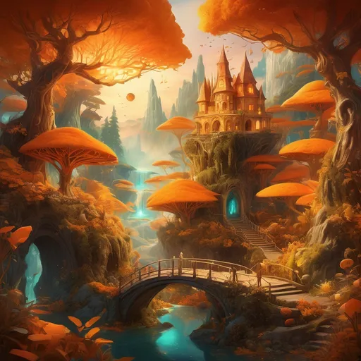 Prompt: (fantasy style), (warm color scheme), whimsical landscape, enchanting creatures, vibrant hues of orange and gold, magical atmosphere, lush forests, glowing elements, playful and humorous vibe, imaginative scenery, mythical elements, dreamlike quality, high-quality details, ultra-detailed, captivating and surreal setting.