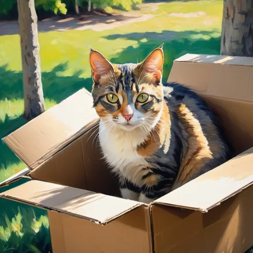 Prompt: Impressionism style painting of a curious cat in a shipping box, dappled sunlight filtering through the trees, soft brushstrokes capturing the playful movement, vibrant color palette, high quality, impressionism, cat, shipping box, dappled sunlight, soft brushstrokes, vibrant colors, playful, outdoor setting, artistic style, high quality