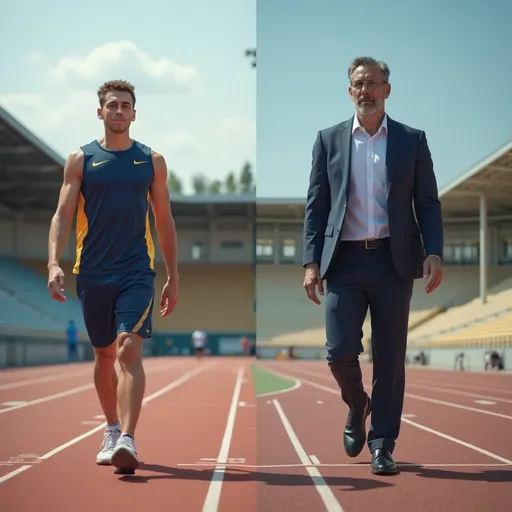 Prompt: A transitional picture of an athlete walking on the stadium and then walking wearing a suit as a bussines man (Athlete with athlete clothes walking on the left side and businnes man walking on the street wearing a suit on the left side and it's teh same person in different stages of life)
