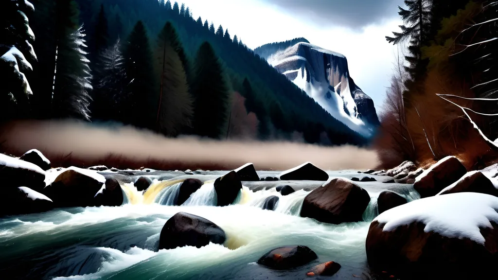 Prompt: long shot scenic professional photograph of a stormy mountain river in the forest, winter, nice lighting, perfect viewpoint, highly detailed, wide-angle lens, hyper realistic, with dramatic sky, polarizing filter, natural lighting, vivid colors, everything in sharp focus, HDR, UHD, 64K