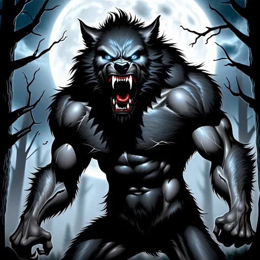 Prompt: Muscular werewolf with dense black fur all over his body, screaming in the middle of a forest, has blue eyes, blood on his teeth. Its fur is so dense all over its body that it is not possible to see its skin. On a full moon night half hidden by a cloudy sky, thunderstorms strike the ground around the werewolf. Thunderstorms in the sky.