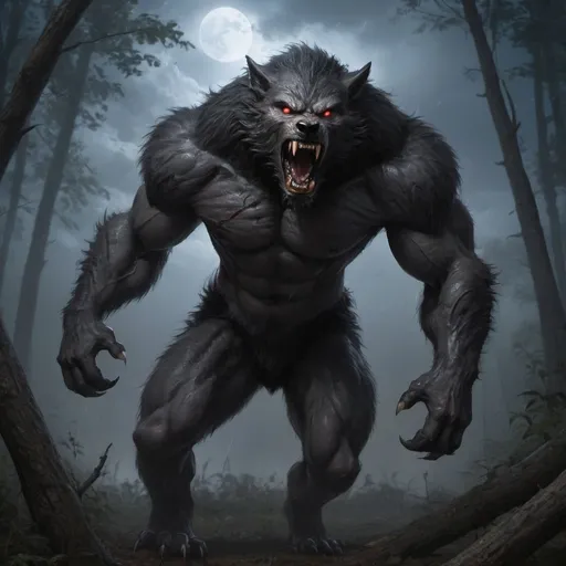 Prompt: Muscular werewolf with dense black fur all over his body, screaming in the middle of a forest, has blue eyes, blood on his teeth. Its fur is so dense all over its body that it is not possible to see its skin. On a full moon night half hidden by a cloudy sky, thunderstorms strike the ground around the werewolf. Thunderstorms in the sky.

C'est un loup-garou poilu ! Fourrure partout bordel ! De la fourrure, dense, bien épaisse, plein de poil quoi ! Met lui de la fourrure à mon loup-garou ! On ne doit pas voir sa peau. Fourrure PARTOUT !