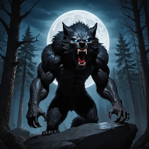 Prompt: Werewolf screaming, dense black fur all over the body, look like agressive, blue eyes, blood on teeth and claws, standing on a rock in the middle of a forest. Night with full moon.
