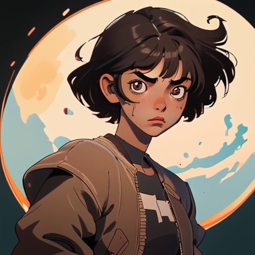 Prompt: messy short haired tomboyish girl with round face and brown skin with moon like hair
