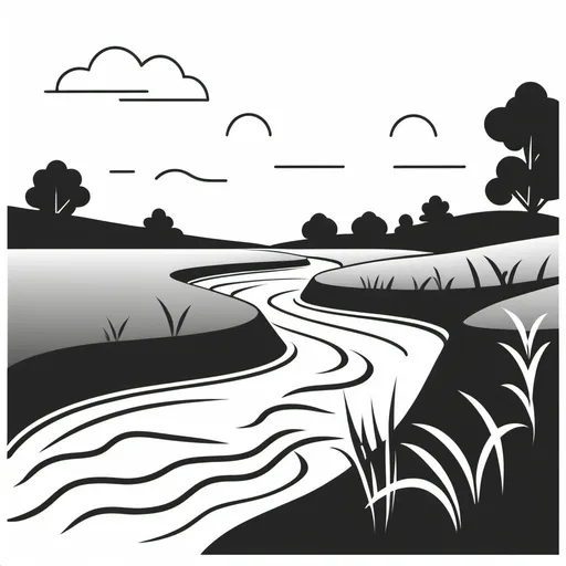 Prompt: minimal B&W icon, svg, flat minimal line vector design, white background. river flowing in single direction toward the right, with grass in the foreground.