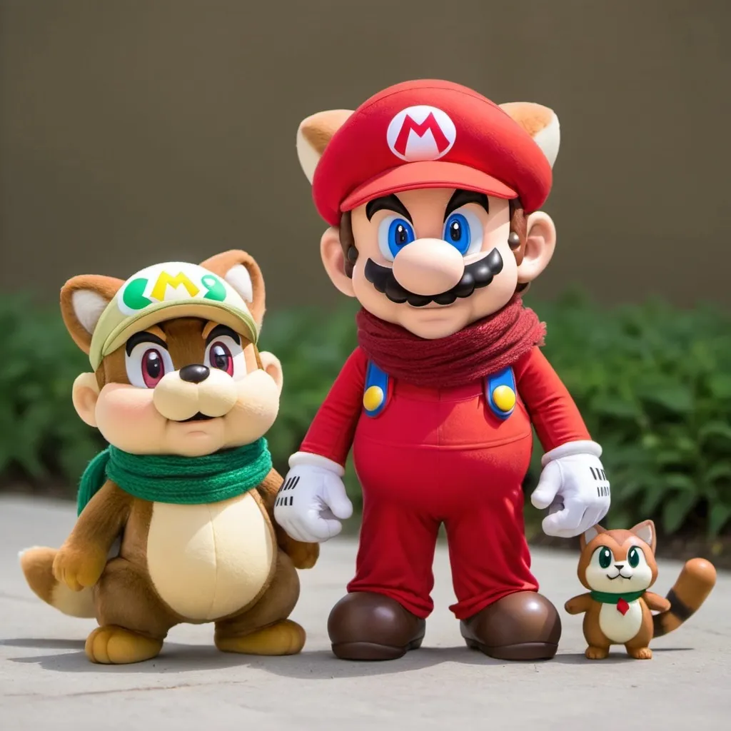 Prompt: mario with a tanooki suit, red scarf, luigi in cat suit with grees scarf