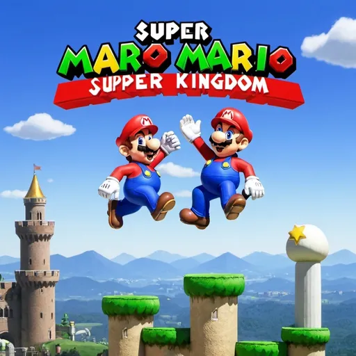 Prompt: mario with luigi, jumping, with title above named SUPER MARIO KINGDOM
