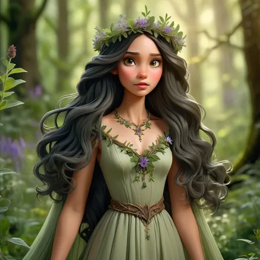 Prompt: Realistic nature princess with wildflower crown, in a mystical forest, long wavy black hair, sage green dress, Ree name necklace, high quality, realistic, fantasy, mystical, detailed hair, intricate dress, enchanting forest setting, natural lighting, brown eyes, nature, princess, detailed, highres, mystical forest, wildflower crown, realistic hair, sage green dress, Ree name necklace, fantasy, enchanting, natural lighting