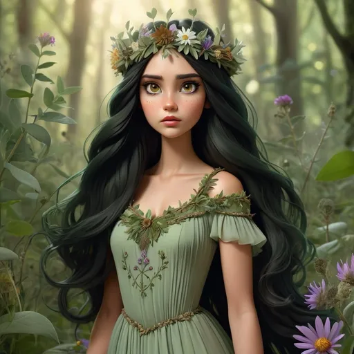 Prompt: Wildflower princess in a mystical forest, sage green dress, long black hair, wildflower crown, brown eyes, long eyelashes, highres, detailed, mystical, fantasy, sage green, wildflowers, detailed hair, enchanting lighting