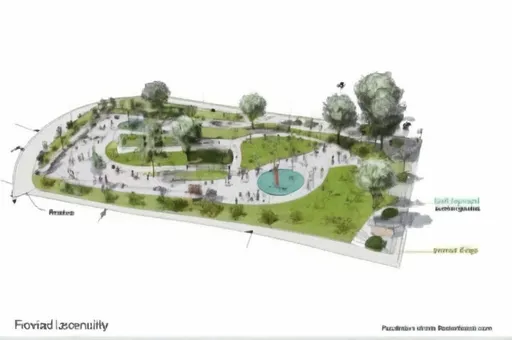 Prompt: General Layout
The park is a linear green space running parallel to a road, with a variety of recreational and ecological features.
It is densely planted with trees, providing shade and a natural setting.
Several pathways meander through the park, connecting different functional areas.
A water feature is centrally located, likely a wetland or a pond.
Key Elements
Recreational Facilities:

A basketball court with a red surface is positioned towards the left side of the park.
A circular playground with a yellow rubberized surface is adjacent to the basketball court, featuring play equipment.
A walking and jogging trail runs throughout the park, providing accessibility.
Ecological & Landscape Features:

A wetland or retention pond occupies the central part of the park, surrounded by diverse planting.
There are planted areas with different species, possibly serving biodiversity and water filtration functions.
Strategic tree planting provides a shaded canopy along pathways.
Seating & Gathering Spaces:

A large shelter/pavilion is located towards the right side of the park, possibly serving as a picnic or rest area.
Several benches and seating nodes are scattered throughout, offering resting points along the paths.
Connectivity & Circulation:

A pedestrian bridge or crossing connects the park to areas across the road.
Multiple entrances and pathways allow easy access from different directions.
Urban & Infrastructure Integration:

To the right, a building complex is adjacent to the park, possibly a community facility.
The park design integrates well with the surrounding road network and existing infrastructure

