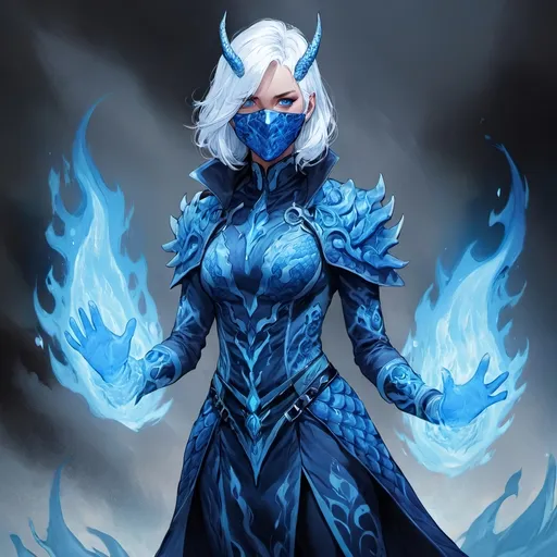Prompt: fantasy art, woman in blue dragon pattern costume, white hair, blue gloves, full ice blue colored face mask, surrounded by blue flames, Artgerm style, comic book panel layout, dramatic shading, vibrant color contrast, ethereal atmosphere, high detail, ultra-detailed, captivating environment, immersive storytelling.