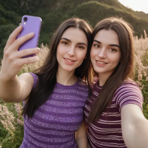 Prompt: In a warm, golden light, two individuals pose for a selfie, capturing a moment of intimacy and joy. The person in the foreground has a defined jawline, styled dark hair, and a serious expression that contrasts with the softly smiling woman behind them, who sports long hair and wears a purple striped top adorned with delicate patterns. The backdrop hints at a scenic outdoor setting, perhaps a beach or a hilltop, with a gentle breeze slightly tousling their hair. The overall mood is one of togetherness and warmth, highlighting a personal connection amidst a serene environment.