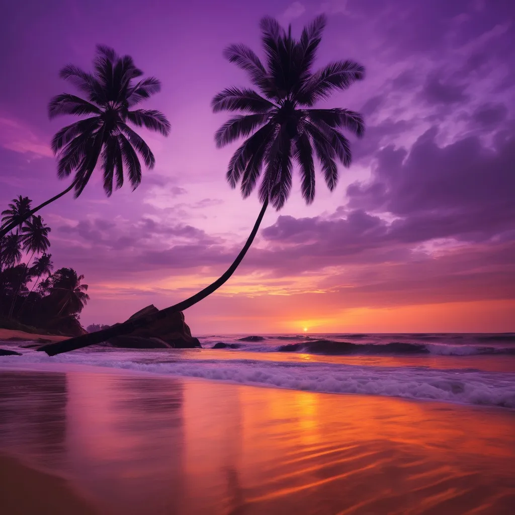 Prompt: (sunset in Sri Lanka Mirissa Beach), breathtaking twilight colors, warm hues of orange and pink blending into deep purples, serene waves lapping against the shore, silhouetted palm trees framing the scene, a tranquil and calm atmosphere, vivid sky reflections on water, ultra-detailed, HD, perfect for a soothing escape into nature.