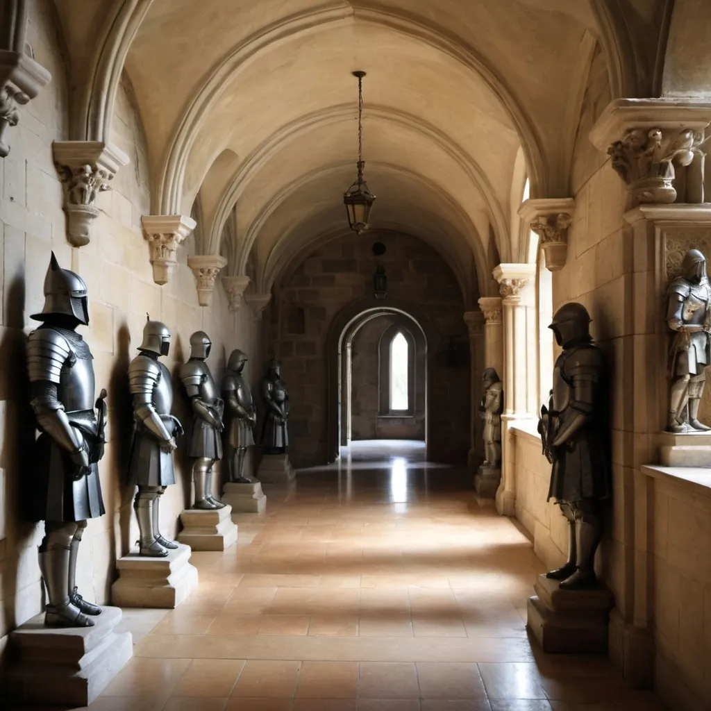 Prompt: A mansion hallway, lined with medieval stone statues of armored figures, resting in alcoves.