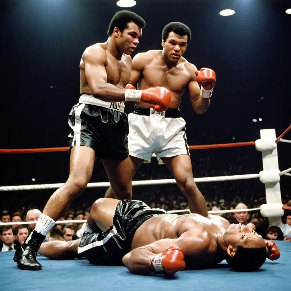 Prompt: Muhammad Ali is knocking down Mike Tyson