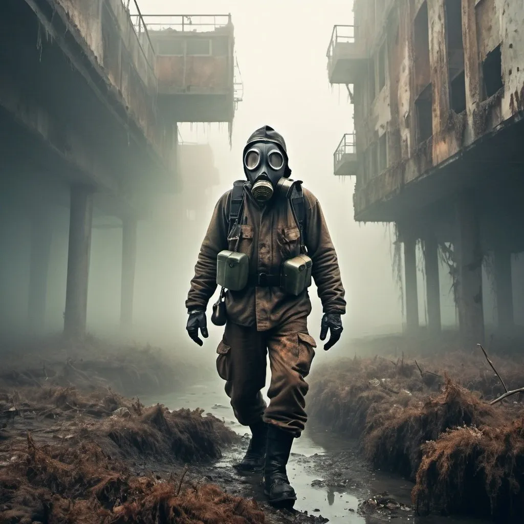 Prompt: Man and gas mask traverse through a rotting world with thick fogs and impure waters