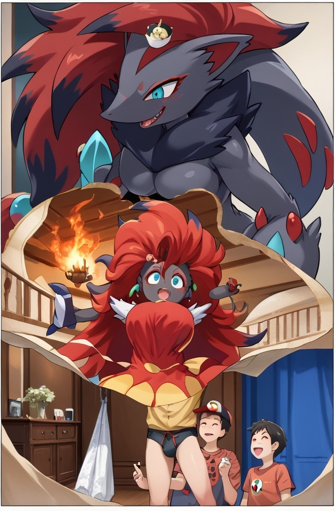 Prompt: anime, boy, detailed, red hair, happy and excited, transforming, shape changing, very detailed, adult male human being transformed into a beautiful young female anthropomorphic humanoid Zoroark, man being turned into a female Zoroark Pokemon, tftg, sequence, male into female, male human transforming into a female Fox Pokemon, a man is excitedly transforming into an attractive female Zoroark, person is halfway between a man and a female Pokémon