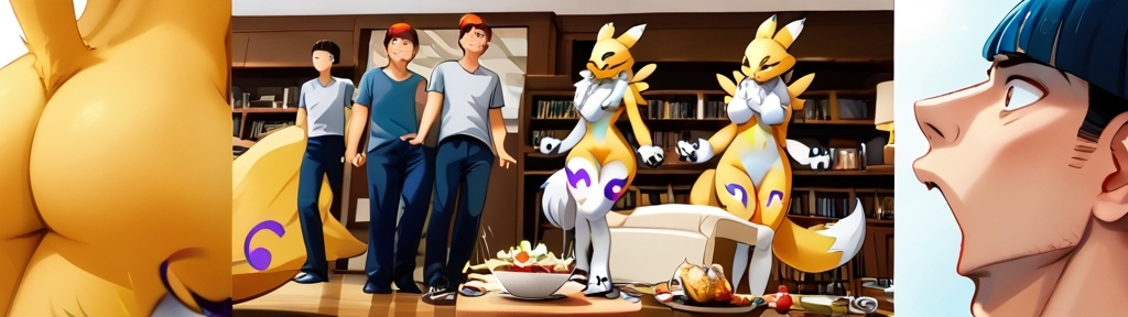 Prompt: anime, boy, detailed, red hair, shocked and surprised, transforming, shape changing, very detailed, adult male human being transformed into a beautiful young female anthropomorphic humanoid Renamon, man being turned into a female Renamon Digimon, tftg, sequence, male into female, male human transforming into a female yellow fox Digimon, a man is excitedly transforming into an attractive female Renamon, a man is being transformed into a female Digimon while looking down at himself and watching himself change species and gender to become a very attractive young FEMALE Renamon.