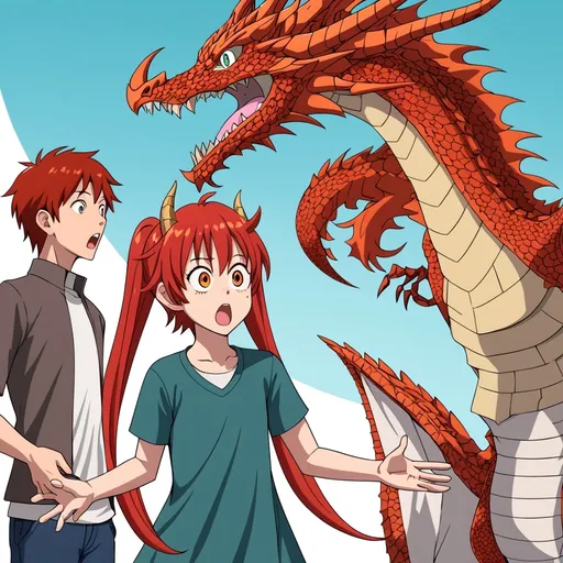 Prompt: anime, boy, detailed, red hair, surprised, transforming, shape changing, very detailed, adult male human being transformed into a young female anthropomorphic dragon