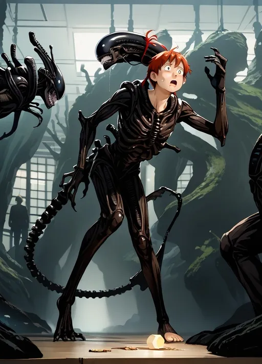 Prompt: anime, boy, detailed, red hair, worried, transforming, shape changing, very detailed, adult male human being transformed into a beautiful young (faceless) female anthropomorphic humanoid Xenomorph, man being turned into a female Xenomorph Alien, tftg, sequence, male into female, male human transforming into a female queen alien,