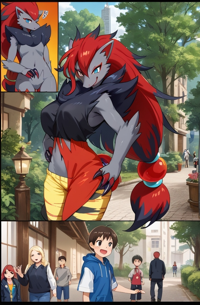 Prompt: anime, boy, detailed, red hair, happy and excited, transforming, shape changing, very detailed, adult male human being transformed into a beautiful young female anthropomorphic humanoid Zoroark, man being turned into a female Zoroark Pokemon, tftg, sequence, male into female, male human transforming into a female Fox Pokemon, a man is excitedly transforming into an attractive female Zoroark, person is halfway between a man and a female Pokémon