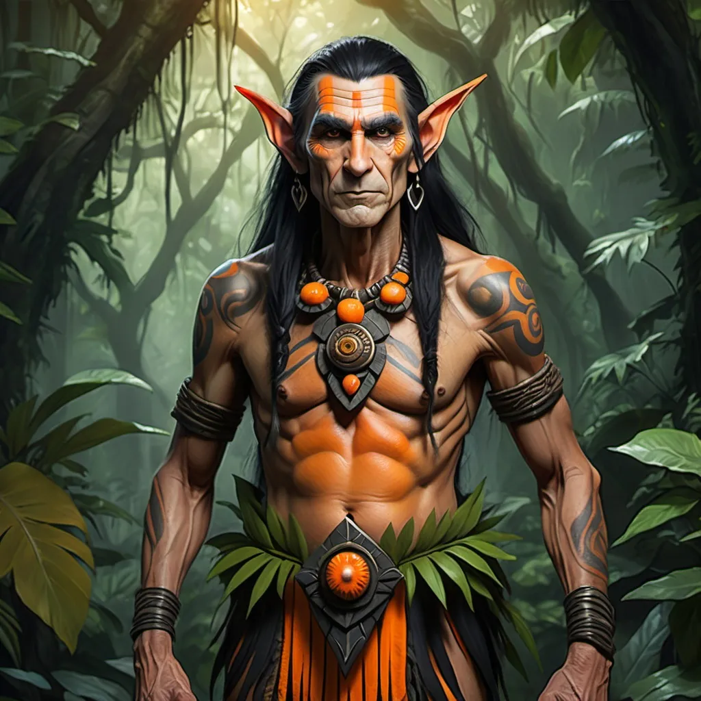 Prompt: A very tall tribal old elf with orange skin and black hair surrounded by a jungle background