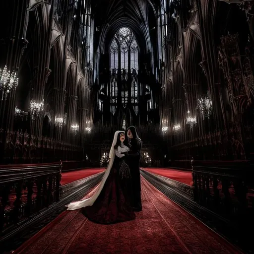 Prompt: Elegant gothic wedding of Alucard and Integra, refined Victorian attire, grand cathedral setting, intricate gothic architecture, dramatic lighting, high-contrast shadows, rich crimson and black tones, detailed lace and embroidery, intense and passionate expression, oil painting, high detail, gothic style, dramatic lighting, elegant, refined, Victorian attire, grand cathedral, intense gaze