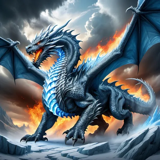 Prompt: (ice dragon with armor), soaring through a dramatic sky, intense battlefield below, ominous clouds swirling, icy blue tones contrasting with fiery explosions, warrior spirit, epic scale, detailed armor glistening, sharp claws extended, breathing icy breath, fantasy artwork, (ultra-detailed), capturing a moment of destruction, powerful ambiance, vibrant colors, showcasing chaos below, perfect for a high-fantasy scene.