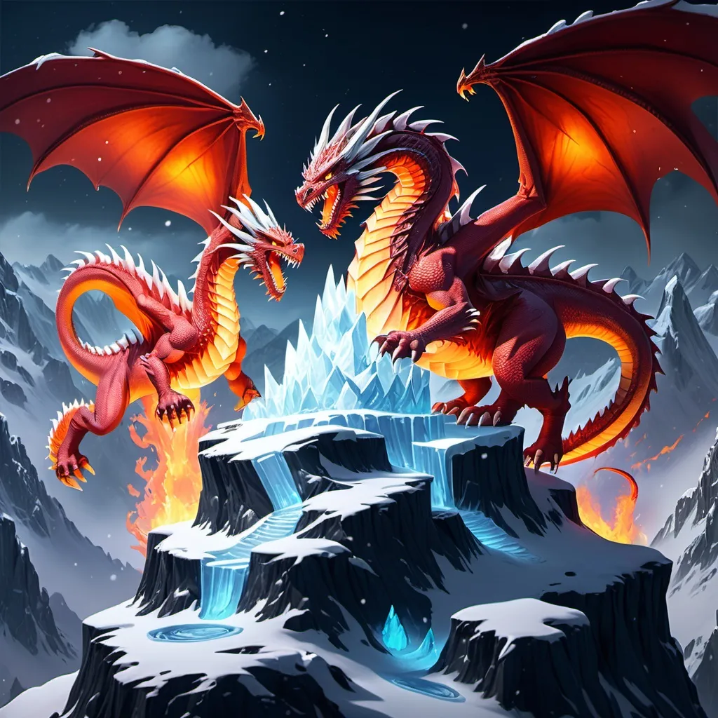 Prompt: a fire dragon fighting two ice dragons on top of a snowy mountain during the night time