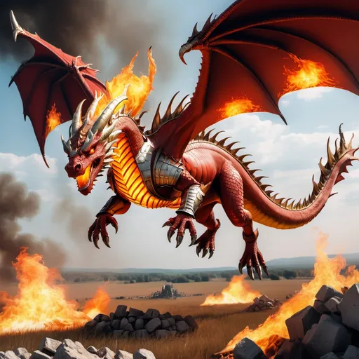 Prompt: fire dragon with armor on and flying over a battlefield