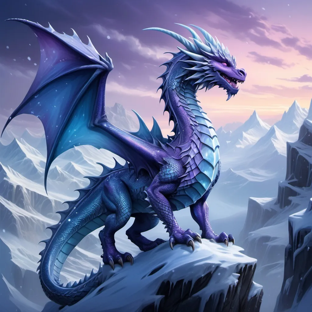 Prompt: (icy dragon), majestic creature perched atop a (snowy mountain), icy scales shimmering, intricate armor glistening, frozen rivers winding down, (twilight sky) casting cool blue and purple hues, (dramatic atmosphere) as shadows deepen, snowflakes gently falling, breathtaking detail, (highly detailed), (fantasy masterpiece), depth and allure in every element, serene yet powerful ambiance.